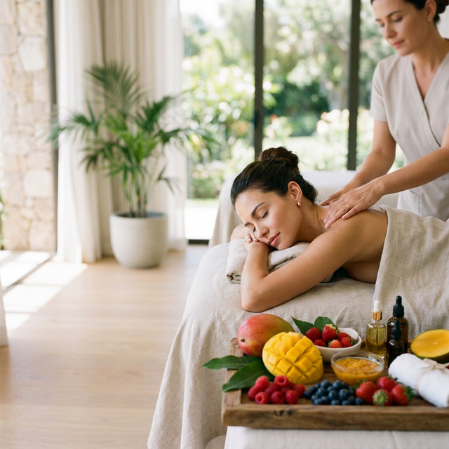 LETNÍ OVOCNÁ MASÁŽ  (60 minut)
        Letní osvěžující masáž s použitím aroma olejů působí hluboké uvolnění těla i mysli.
        Masáž se provádí na celém těle přípravky s vůní ovoce (mango, meruňka, malina, neroli, citrónová tráva), které hydratují a regenerují pokožku. Použité esenciální oleje navozují atmosféru zahrad plných šťavnatého ovoce.